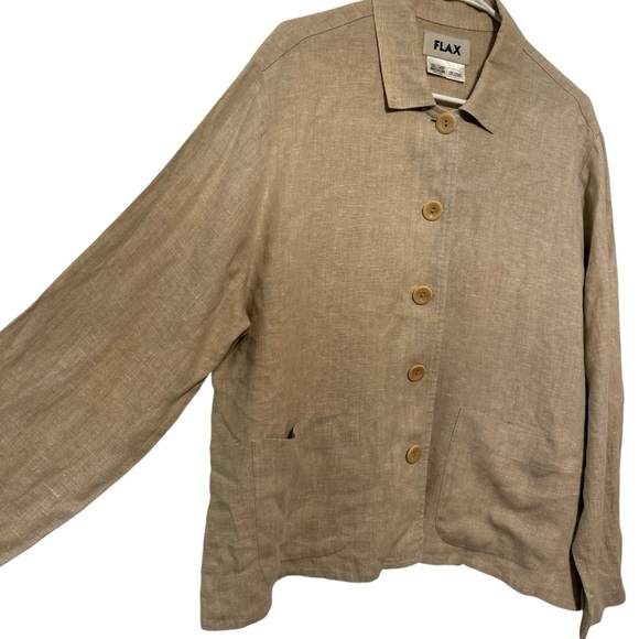 Flax tan linen long sleeve over shirt tan M button front - Picture 5 of 7